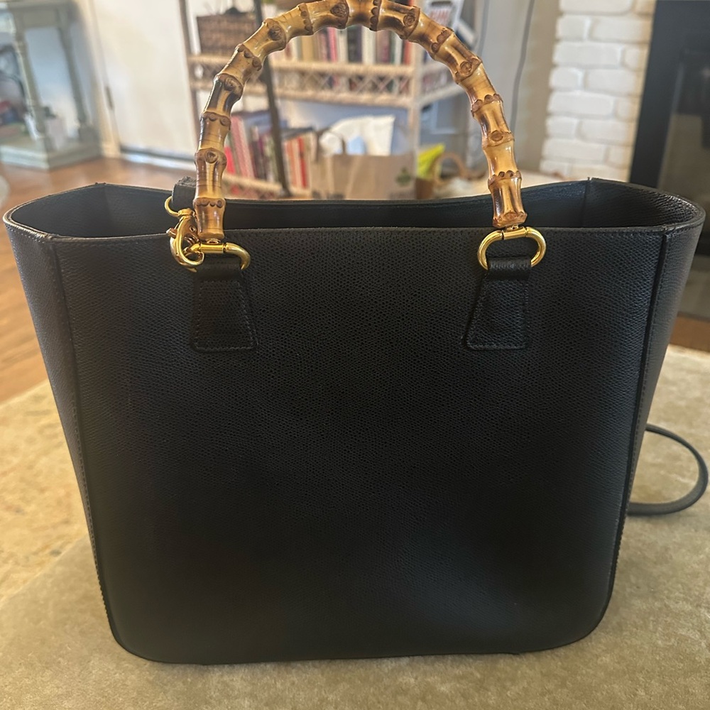 Black Structured Tote Bag with Bamboo Handles & Gold Hardware